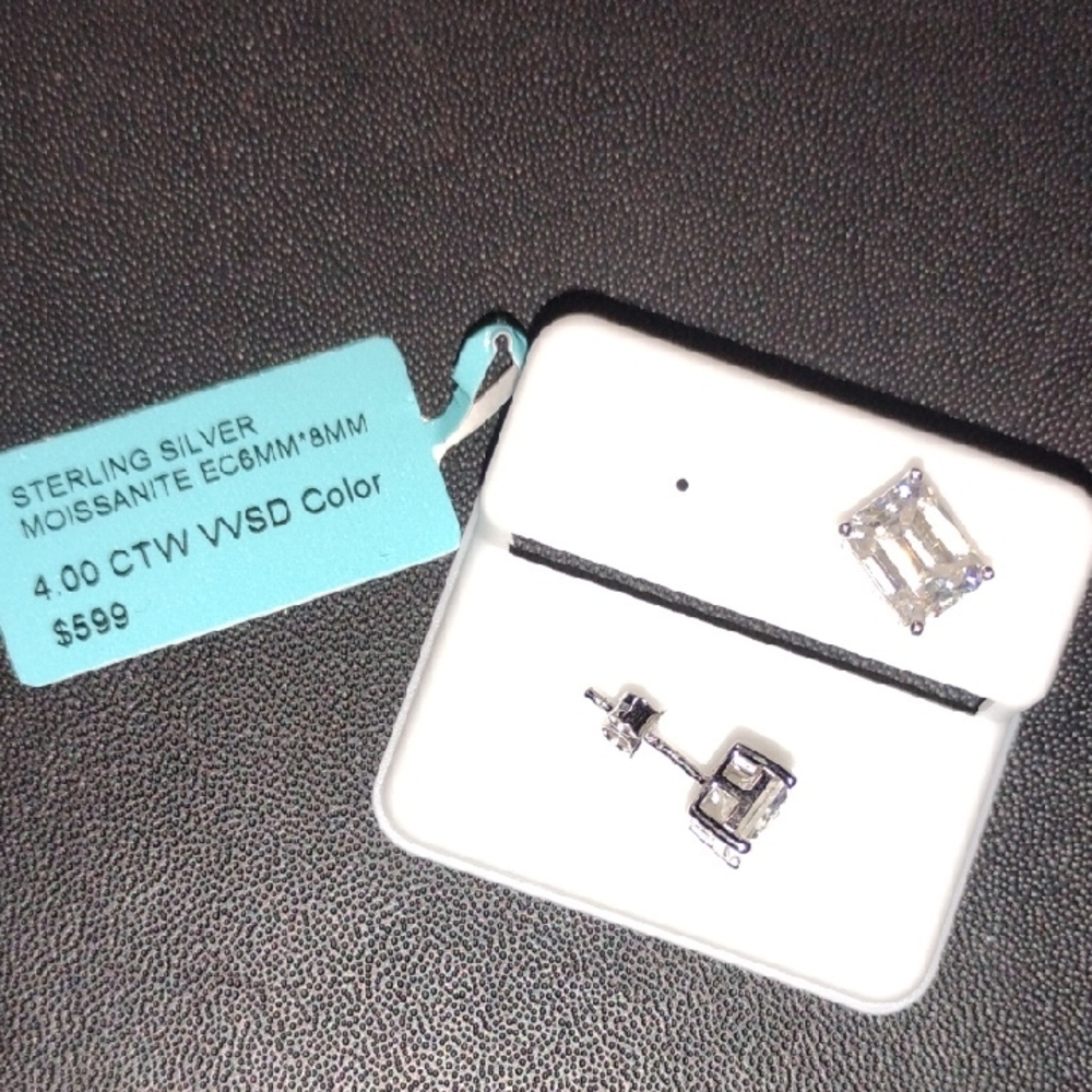 Sterling Silver Moissanite Earrings - Emerald Cut - White